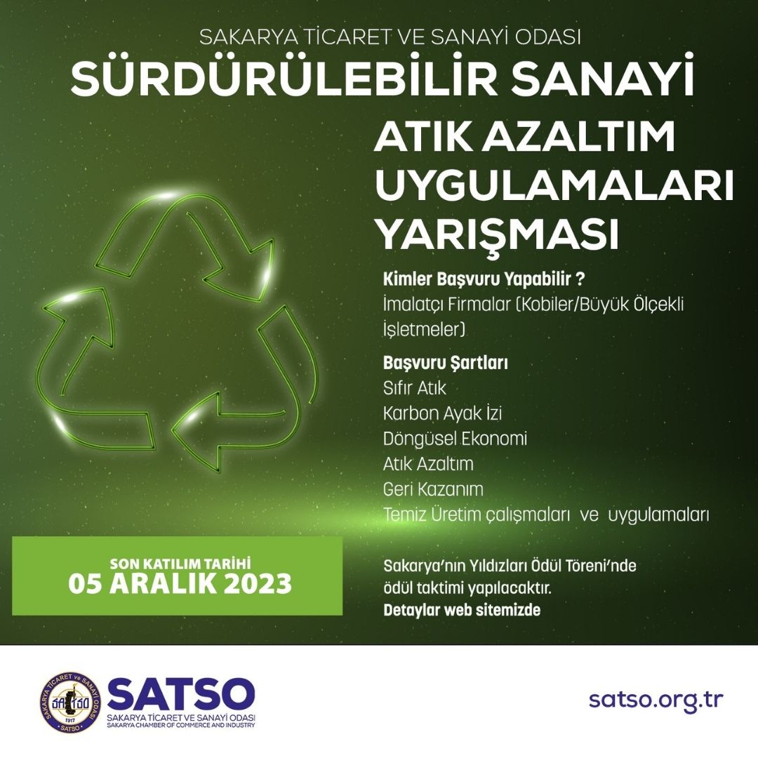 SATSO “Sürdürülebilir Sanayi İçin Atık Azaltım Uygulamaları Ödülü” Başvuruları Uzatıldı