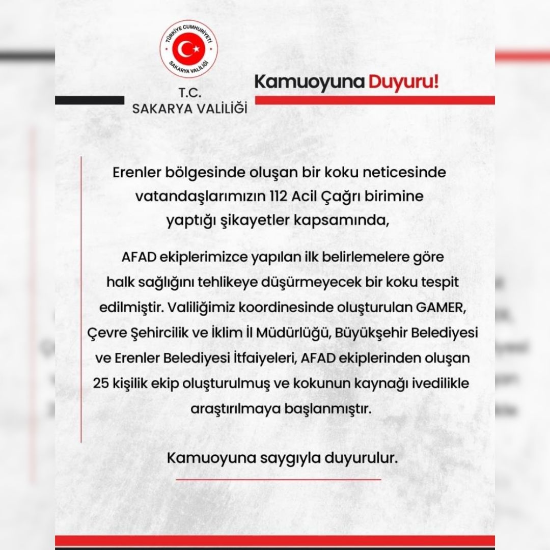 Sakarya Valiliği’nden kokuya ilişkin açıklama: