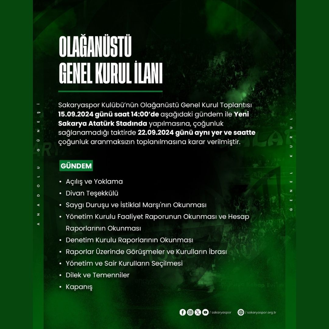 Sakaryaspor Kurul Toplantısını resmi olarak duyurdu