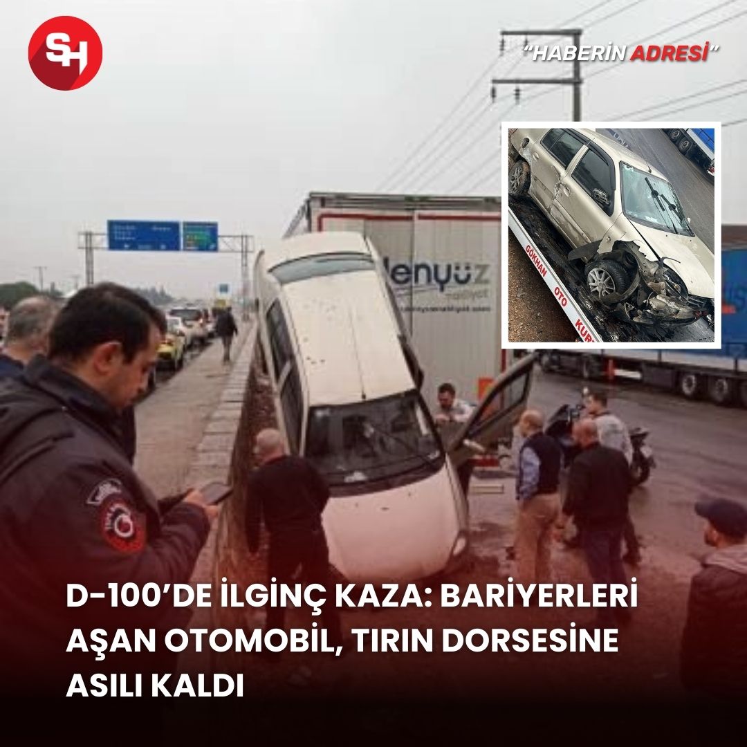 D-100’de ilginç kaza: Bariyerleri aşan otomobil, tırın dorsesine asılı kaldı