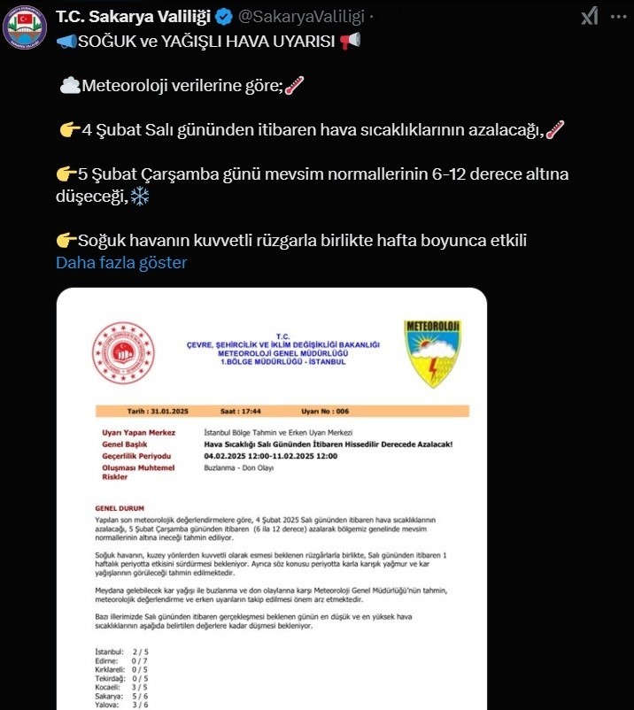 Sakarya Valiliği’nden soğuk ve yağışlı hava uyarısı