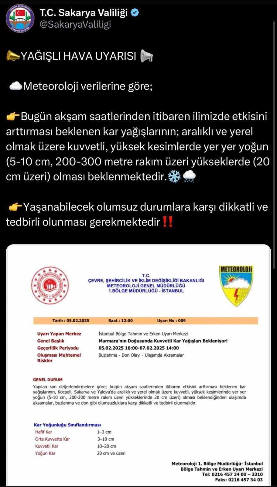 Sakarya Valiliğinden yoğun kar uyarısı