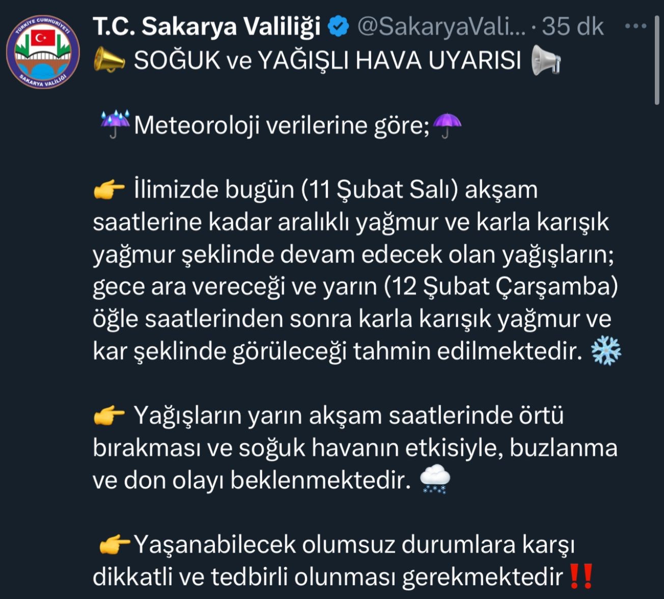 Sakarya’da soğuk ve yağışlı hava uyarısı