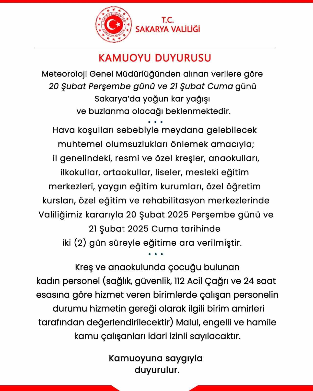 Sakarya’da kar sebebiyle eğitime 2 günlük ara