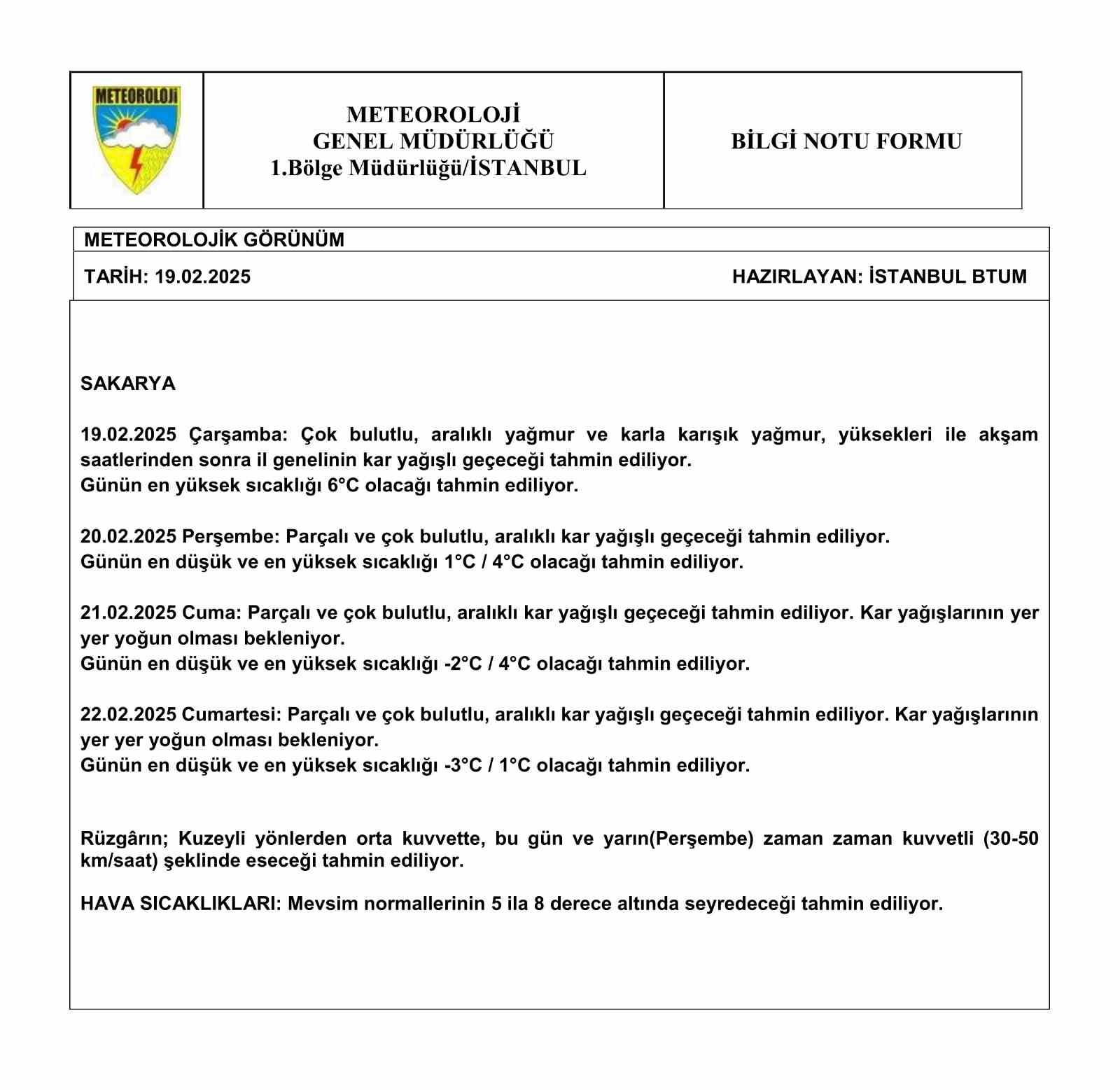 Sakarya’da soğuk ve yağışlı hava uyarısı