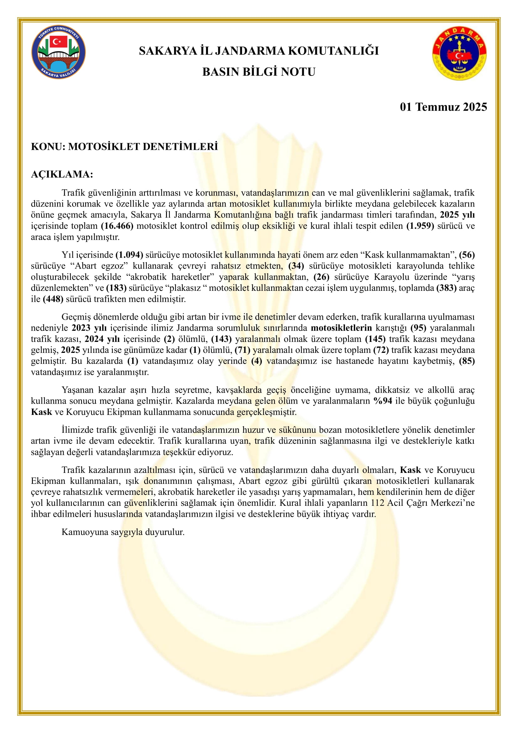 Sakarya’da Motosiklet Denetimlerinde 1.959 Sürücüye İşlem Yapıldı