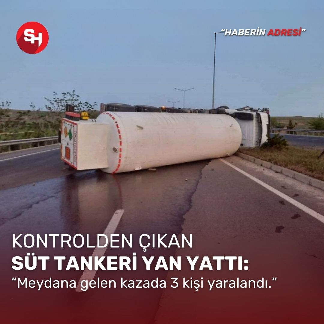 Kontrolden çıkan süt tankeri yan yattı: 3 yaralı