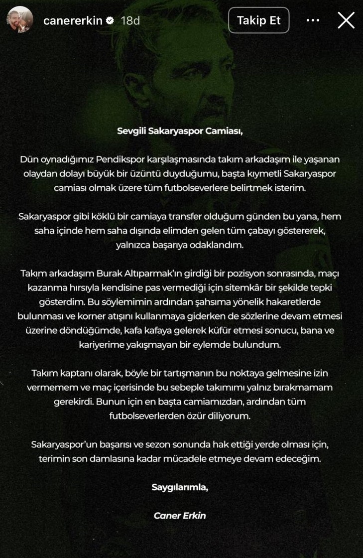 Kadro dışı kalan Caner Erkin’den açıklama