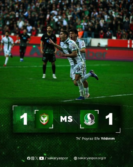 Amedspor ile Sakaryaspor 1–1 berabere kaldı