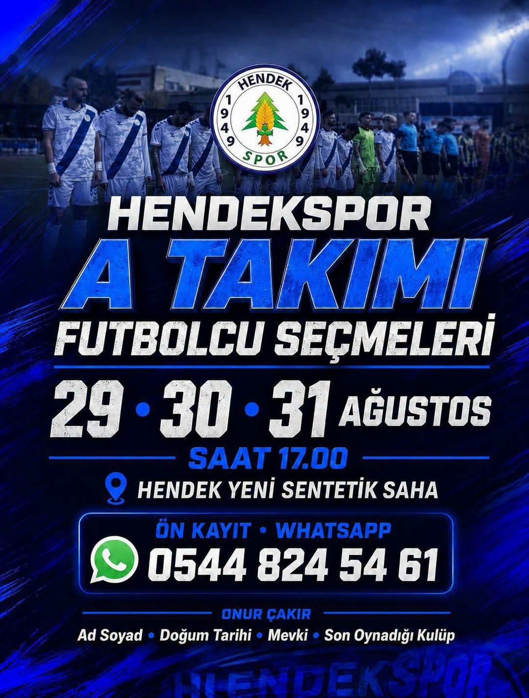 Hendekspor A Takımı İçin Futbolcu Seçmeleri Başlıyor